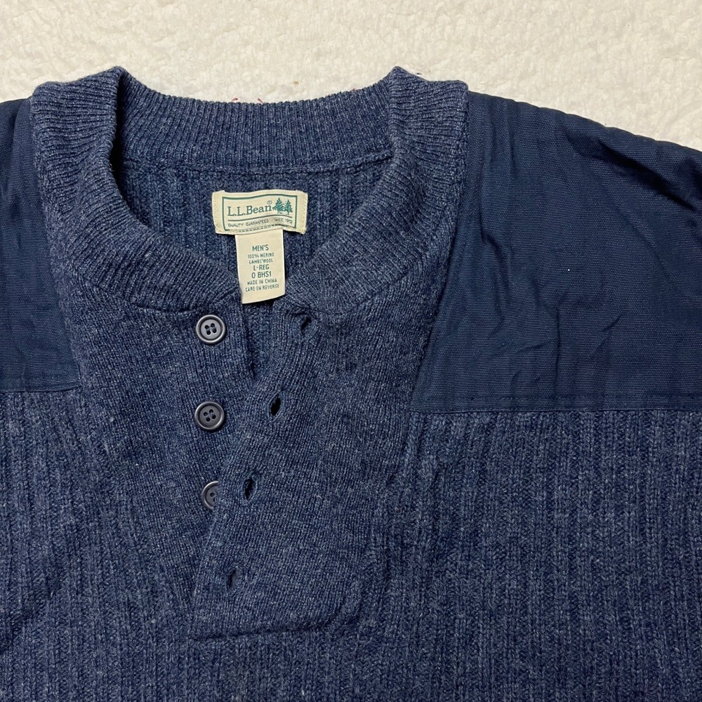 LL Bean Sweater Mens Large Blue Merino Lambswool Henley Commando Elbow Patches